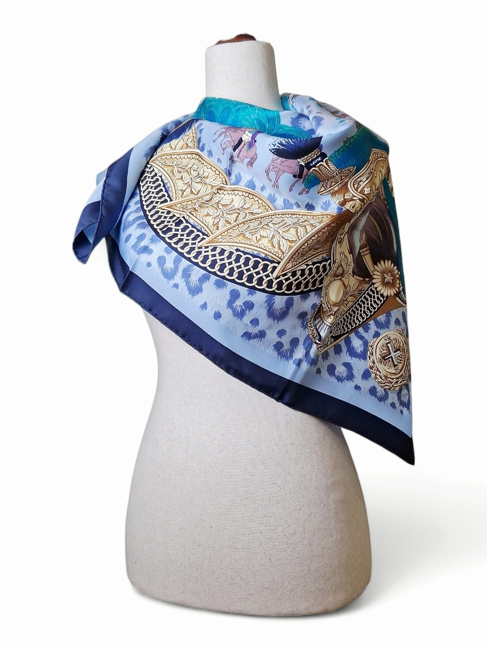 Hermes Women's Carre 90 100% Silk Casques et Plumets Blue Gold Scarf